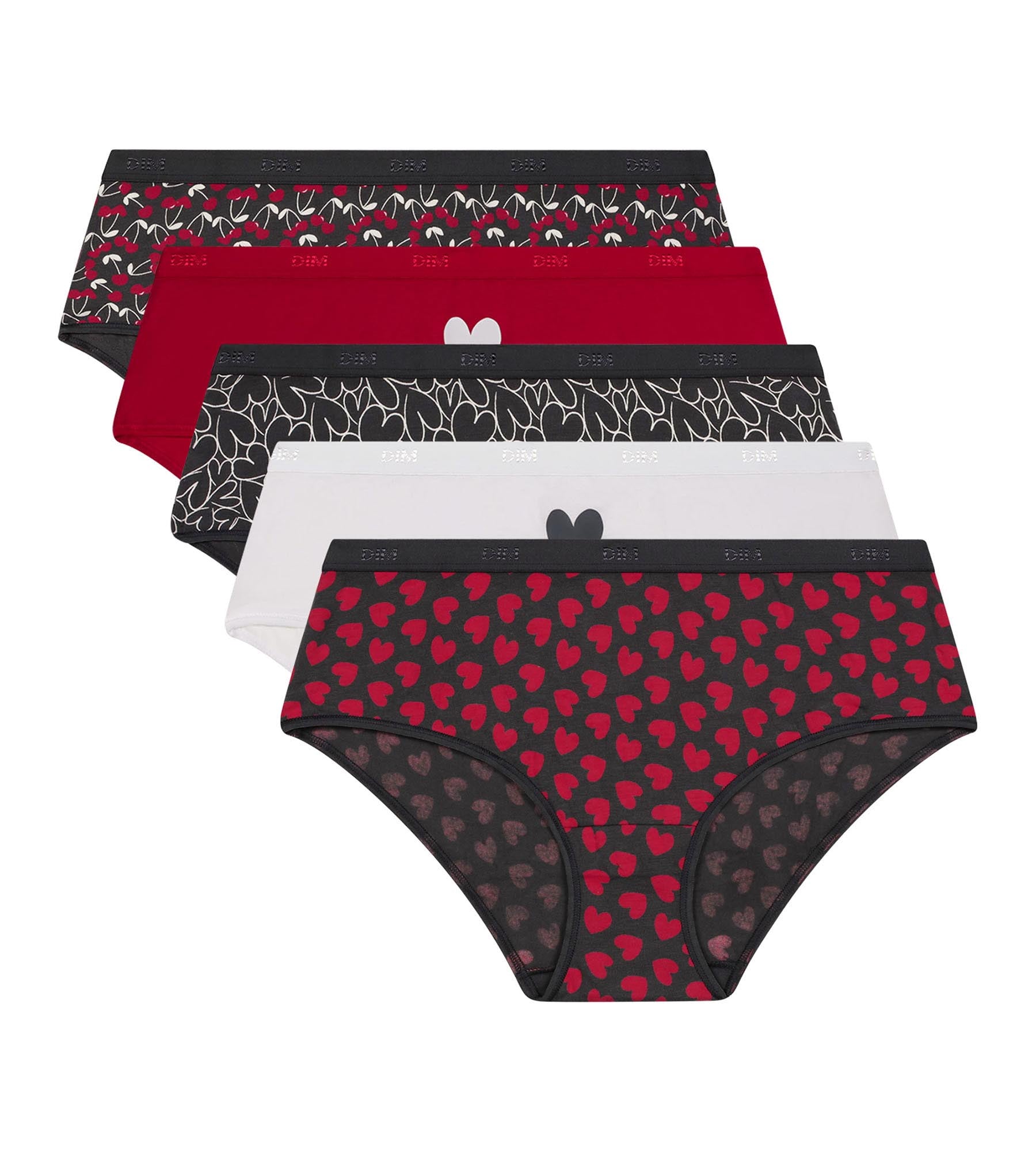 DIM Pacco da 5 shorty da donna in cotone elasticizzato rosso con stampa cuore