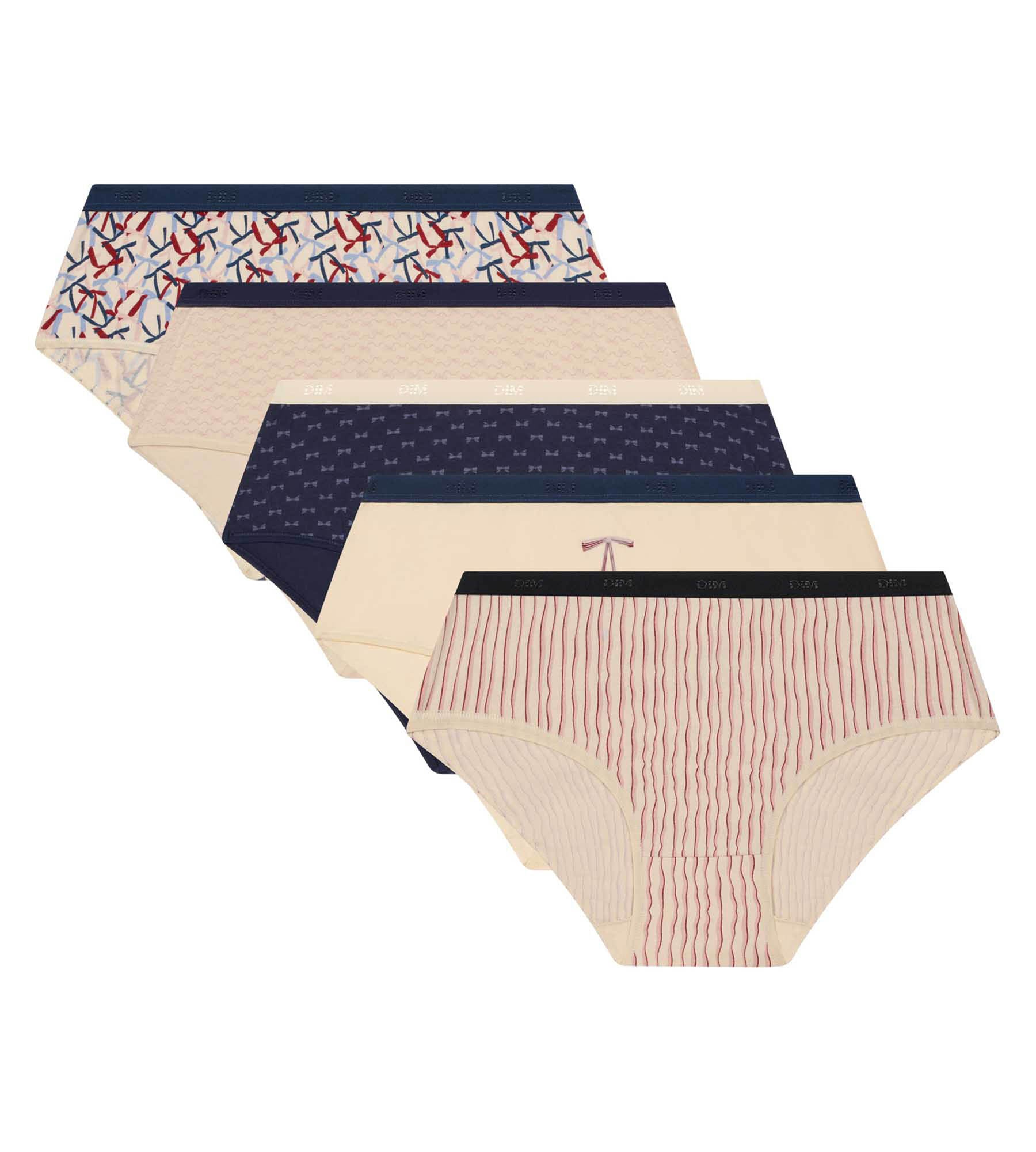 DIM Pacco da 5 boxer da donna con motivo Les Pockets Red Blue Ribbons.