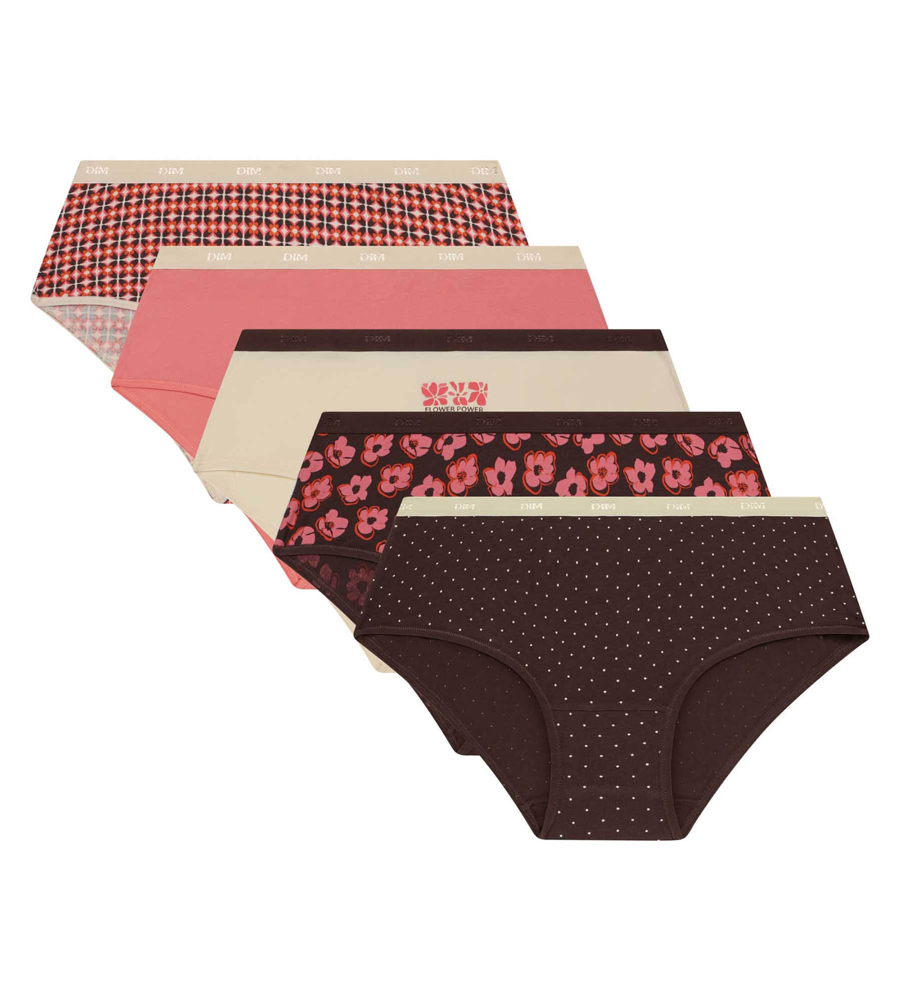 DIM Pacco da 5 boxer da donna con motivo retrò rosa e marrone di Les Pockets.