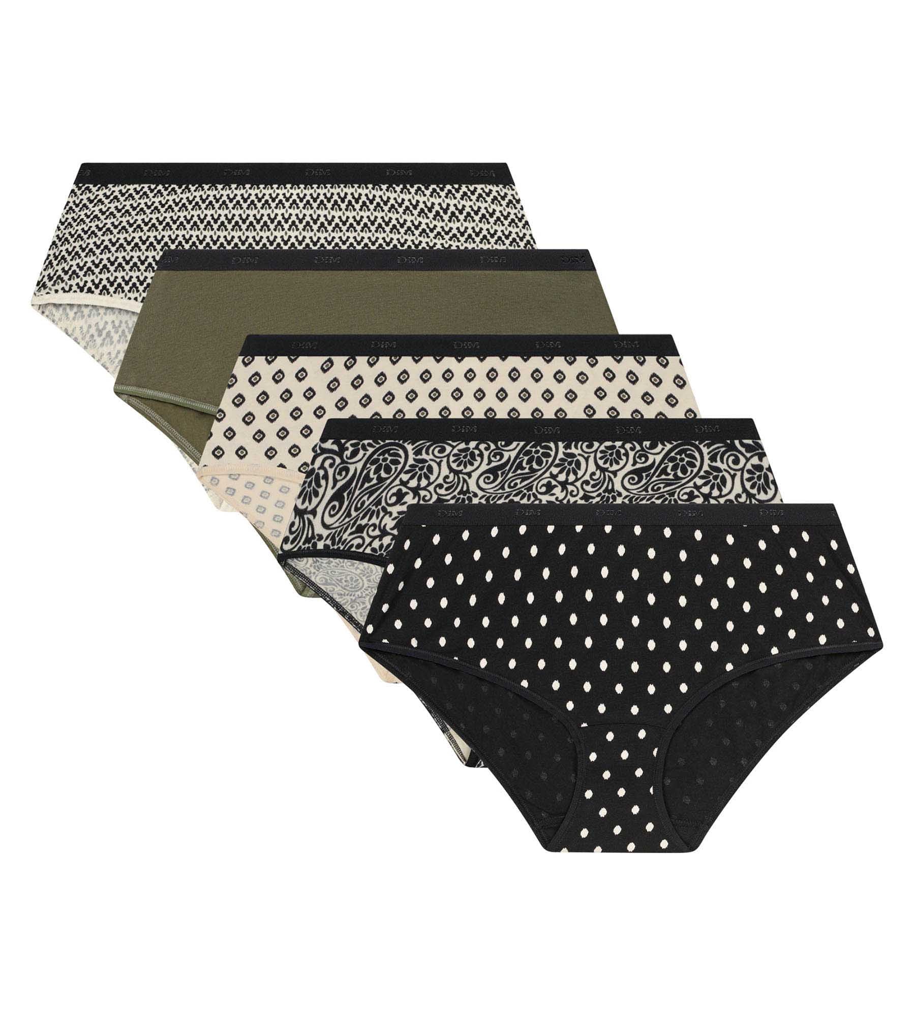 DIM Pacco da 5 boxer da donna neri cachi con motivo etnico Les Pockets