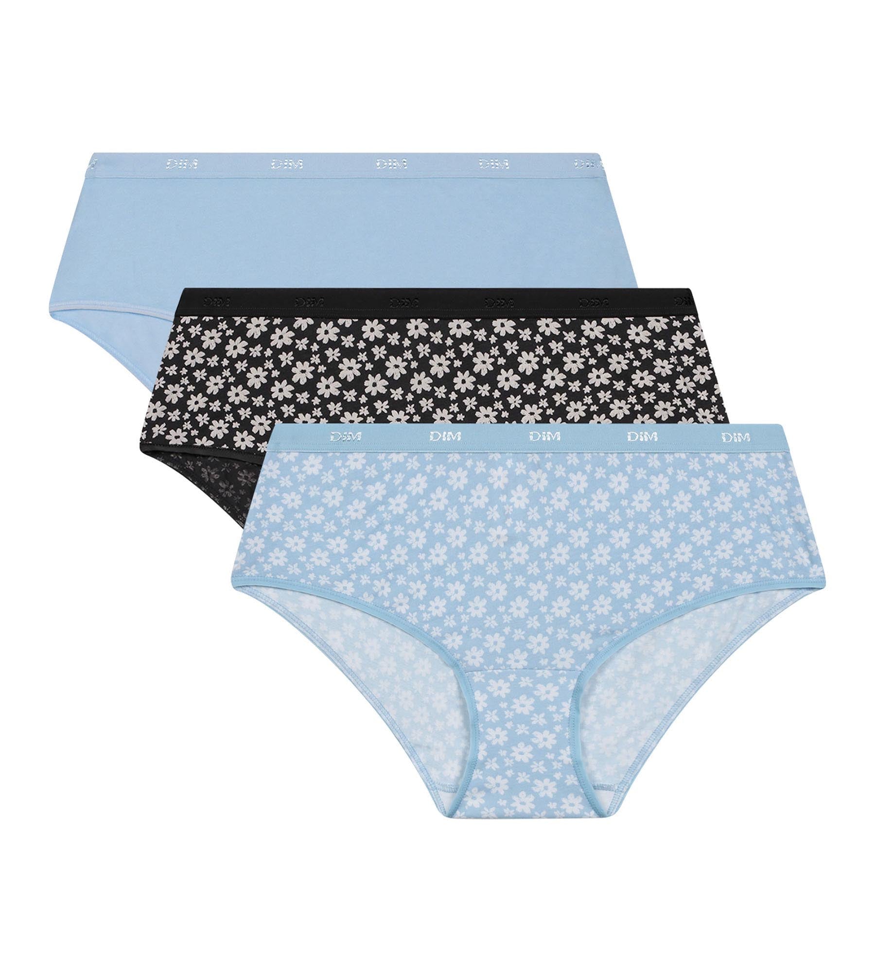 DIM Pacco da 3 Donna Grigio Blu Floreale Stretch Cotone Shorty Les Pockets