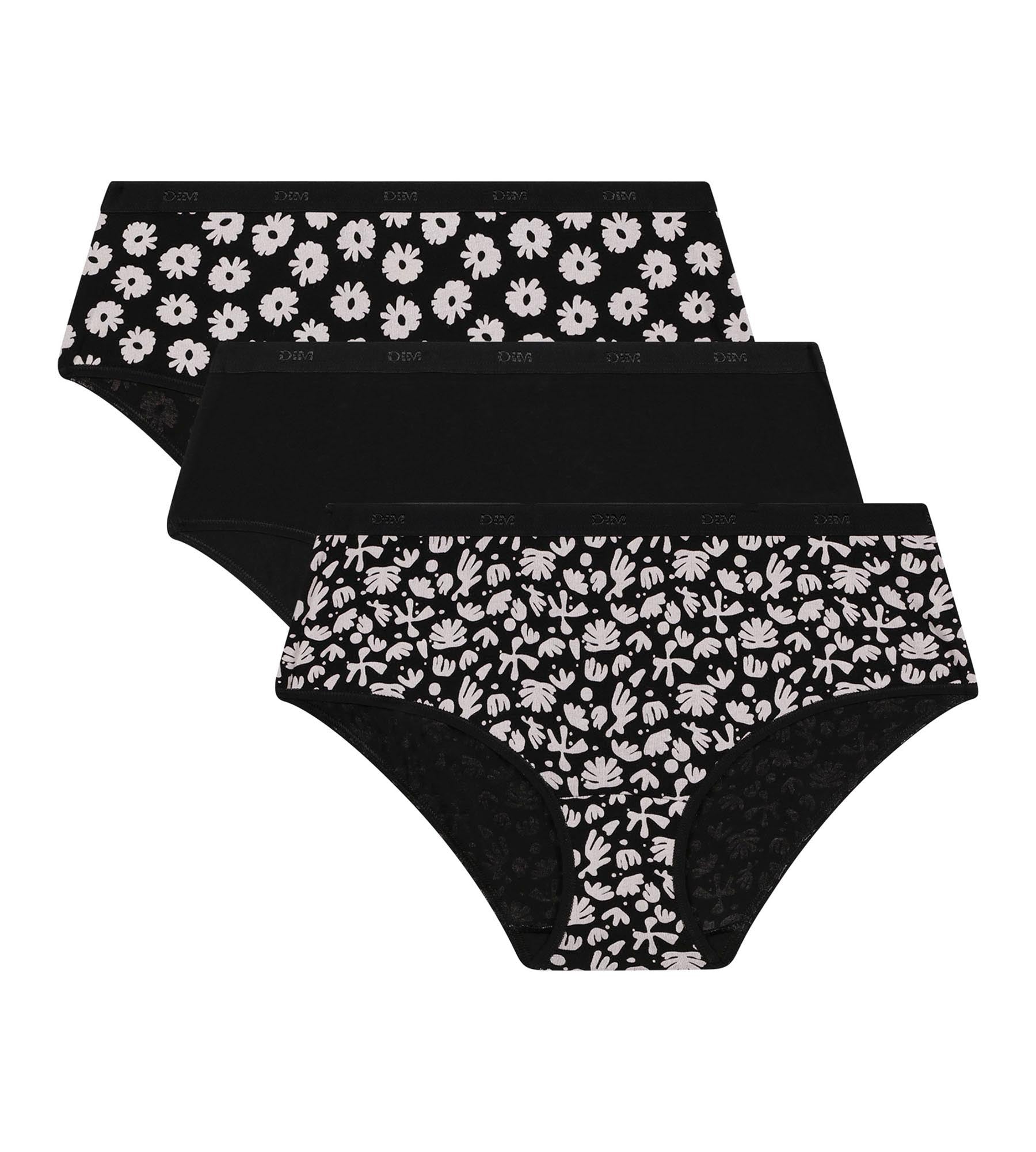 DIM Pacco da 3 Donna Nero Beige Floreale Cotone Stretch Shorty Les Pockets