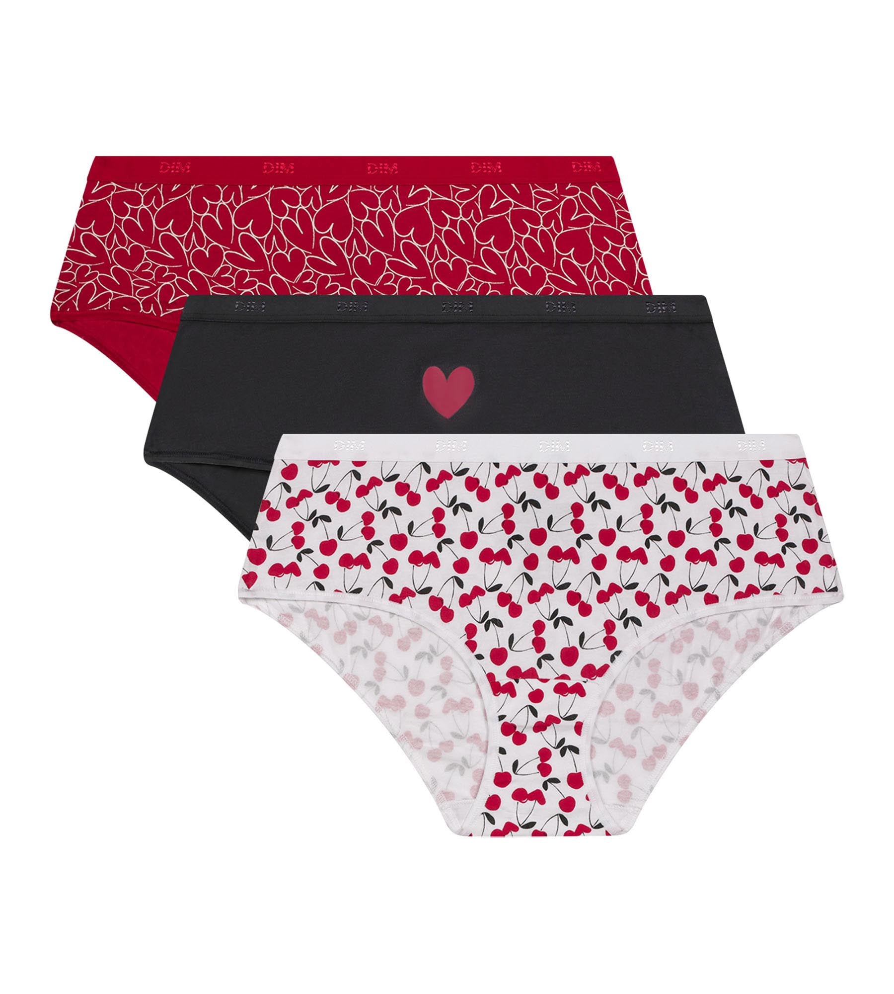 DIM Pacco da 3 donne in cotone elasticizzato rosso con cuore, shorty Les Pockets
