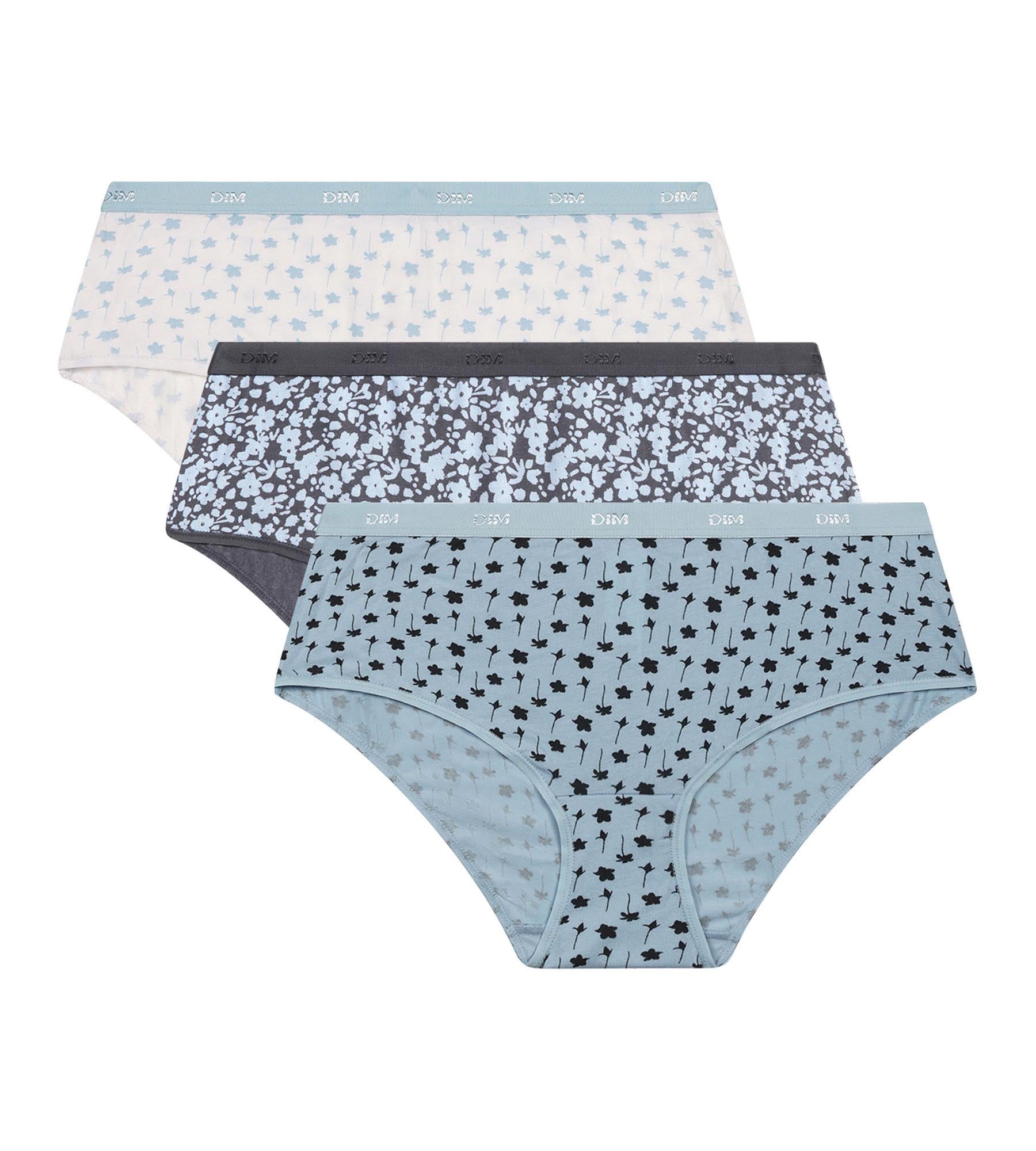 DIM Pacco da 3 shorty da donna in cotone elasticizzato blu a fiori Les Pockets