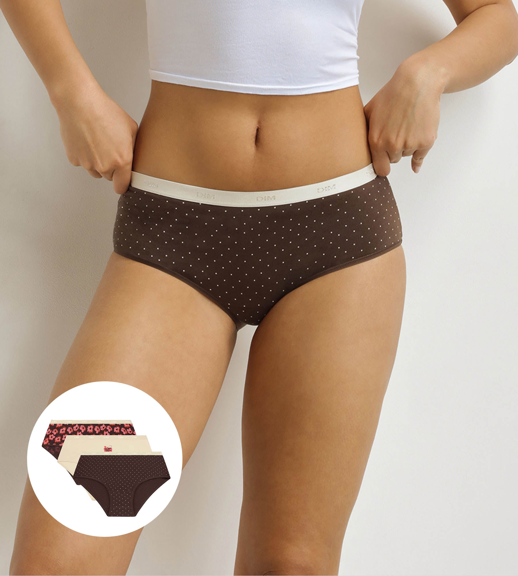 DIM Pacco da 3 boxer da donna Les Pockets con motivo retro rosa e marrone.