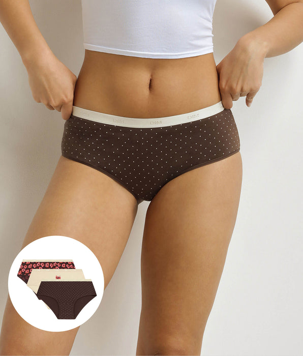 DIM Pacco da 3 boxer da donna Les Pockets con motivo retro rosa e marrone.