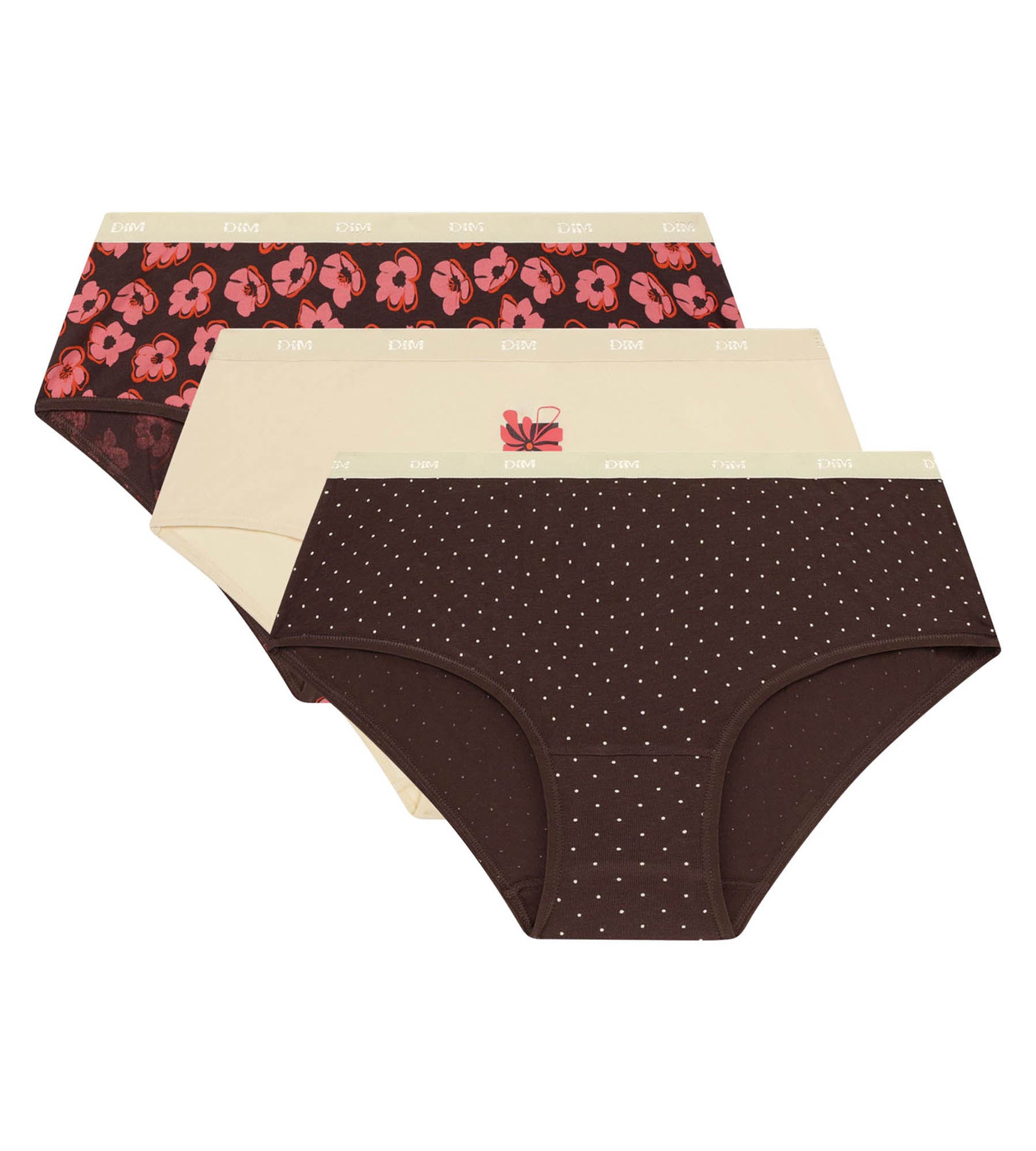 DIM Pacco da 3 boxer da donna Les Pockets con motivo retro rosa e marrone.