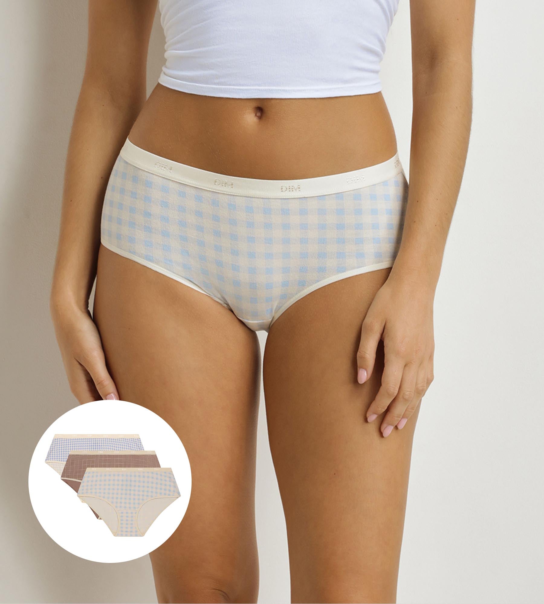 DIM Pacco da 3 boxer da donna Les Pockets in fantasia gingham Blu Beige.