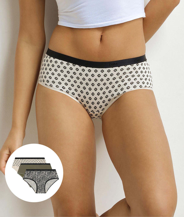 DIM Pacco da 3 boxer da donna con motivo etnico Khaki, Nero Les Pockets