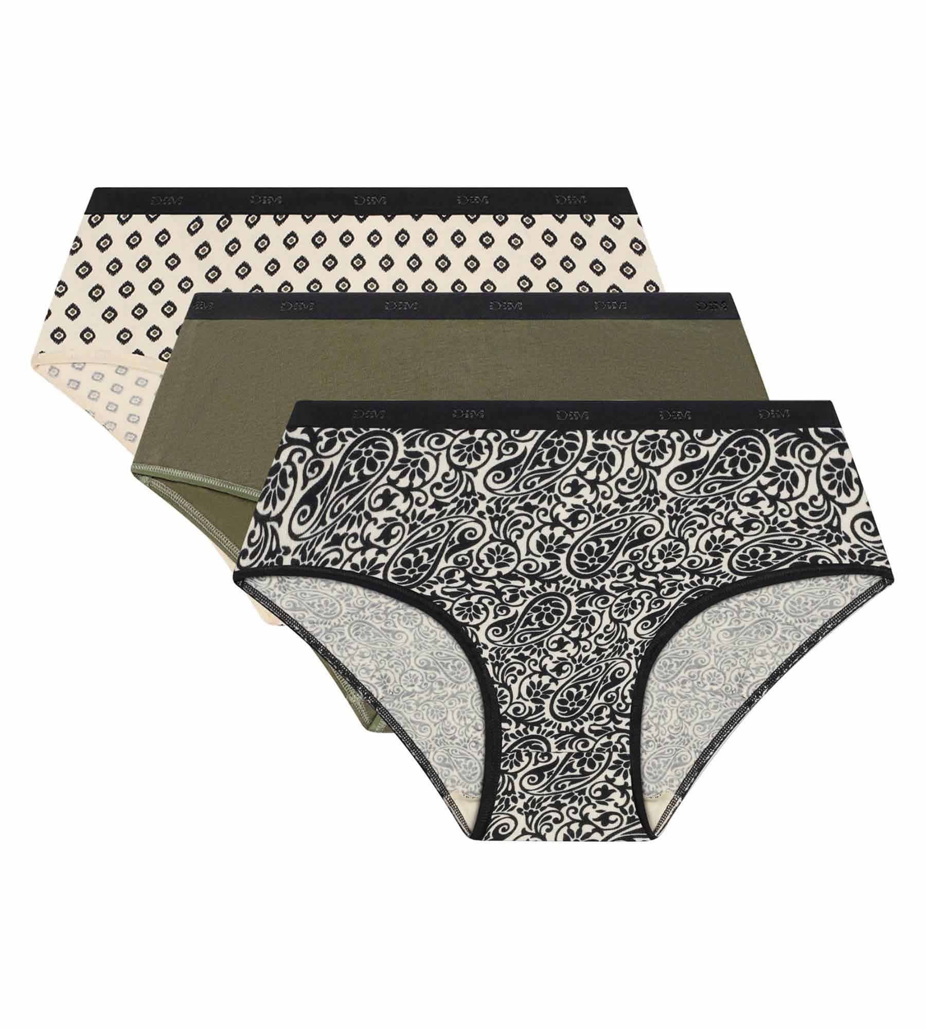 DIM Pacco da 3 boxer da donna con motivo etnico Khaki, Nero Les Pockets