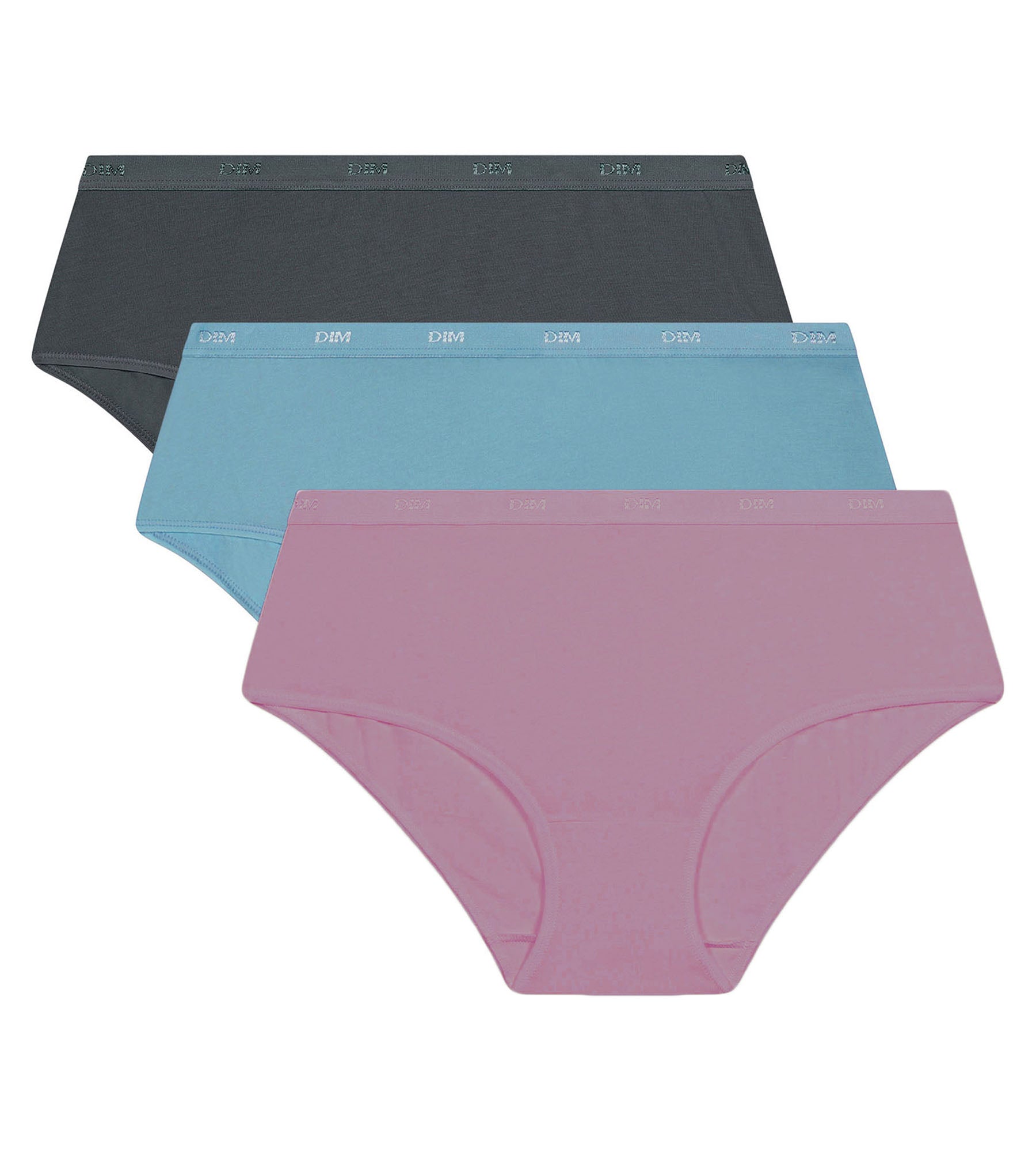 DIM Pacco da 3 boxer da donna Les Pockets Ecodim blu, viola e grigio.
