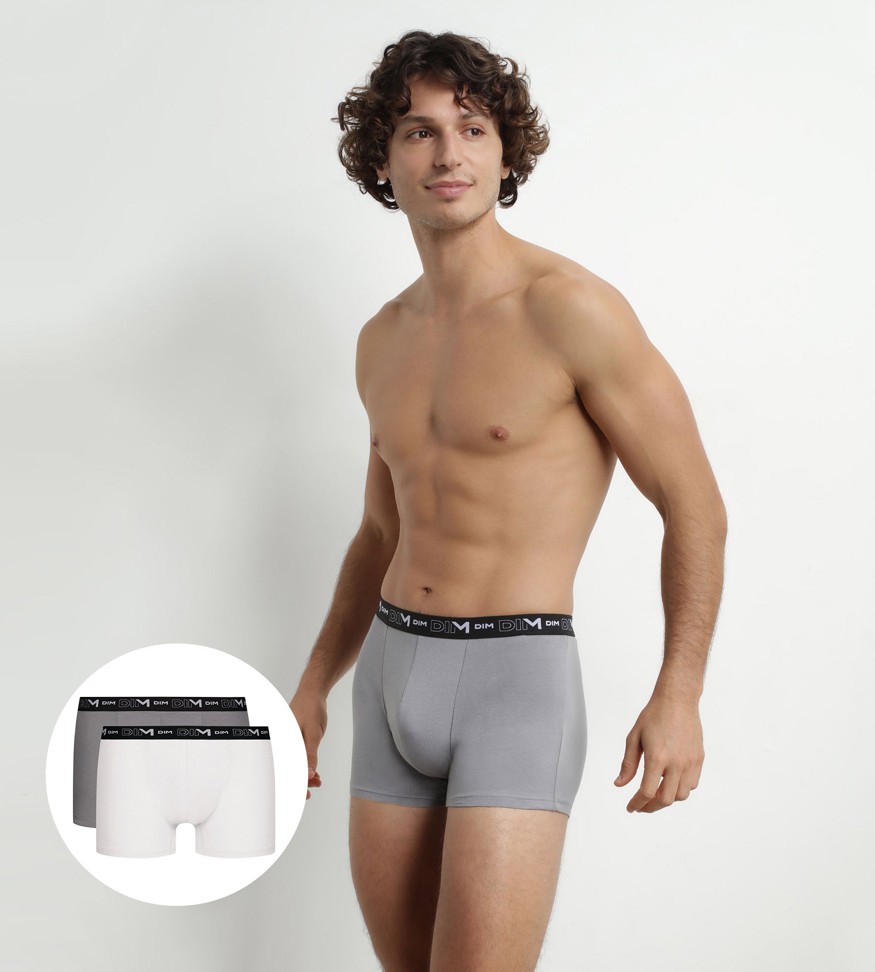 DIM Pacco da 2 Boxer Uomo Grigio Bianco Vita a contrasto Dim Coton Stretch