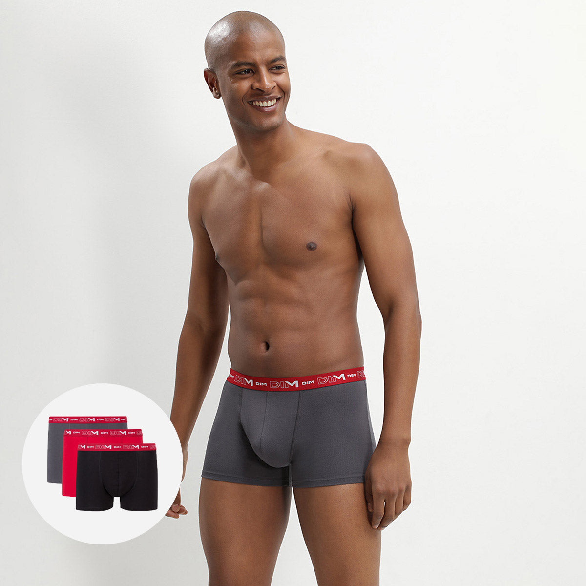 DIM Pacco da 3 boxer in cotone elasticizzato grigio, rosso peperoncino e nero