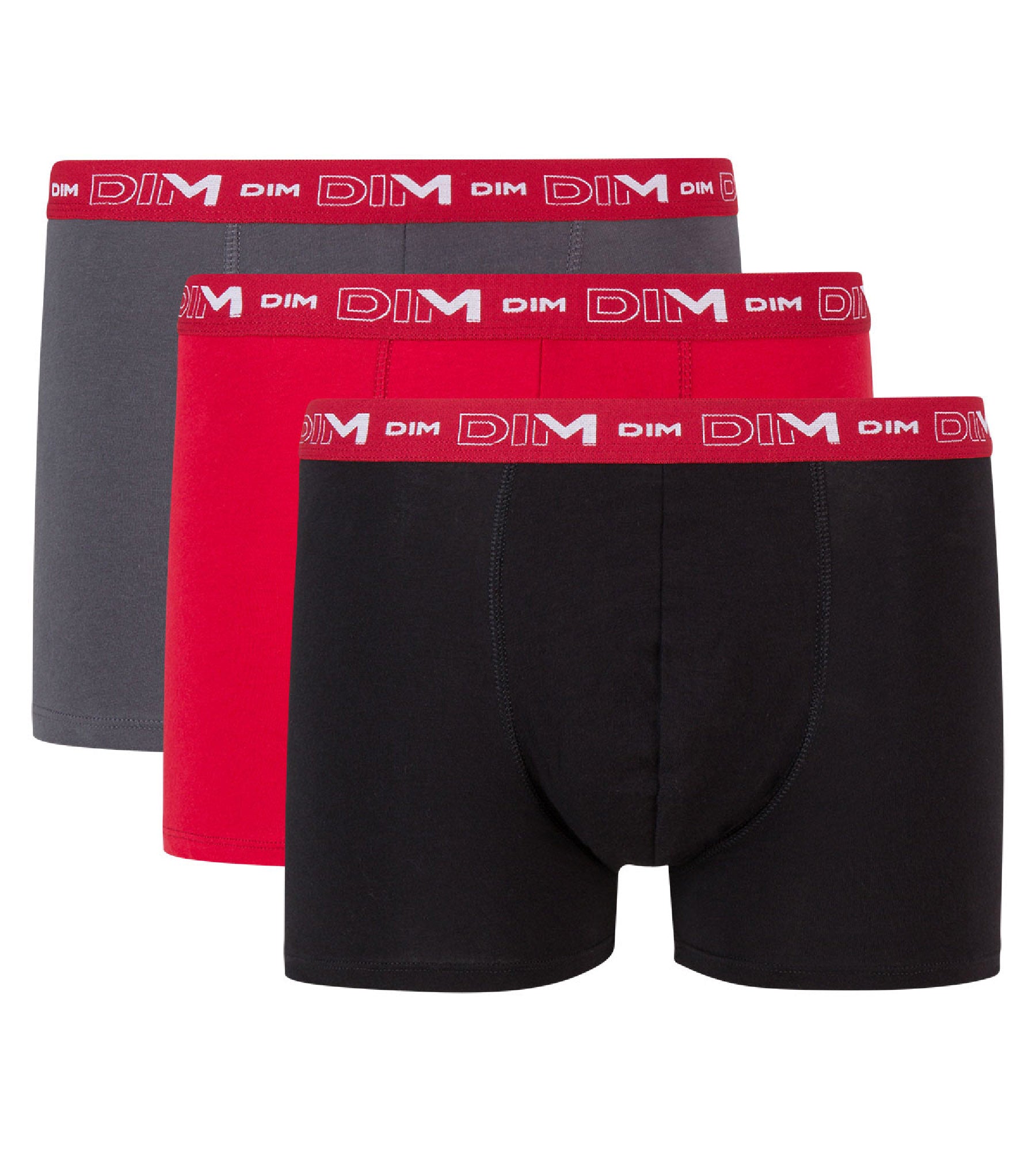 DIM Pacco da 3 boxer in cotone elasticizzato grigio, rosso peperoncino e nero