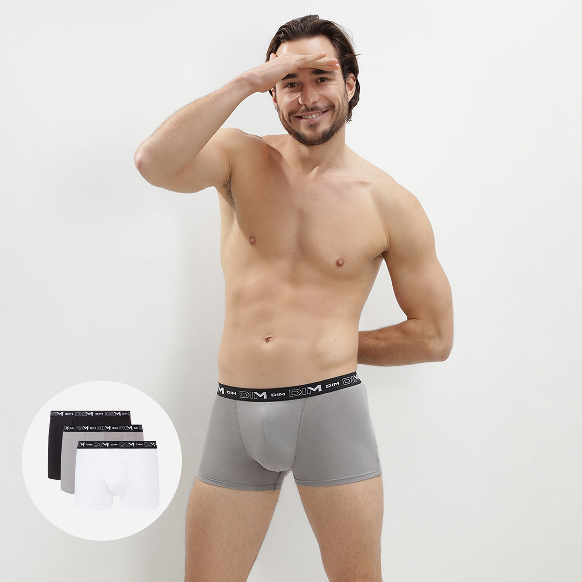 DIM Pacco da 3 boxer da Uomo in cotone elasticizzato nero, grigio e bianco