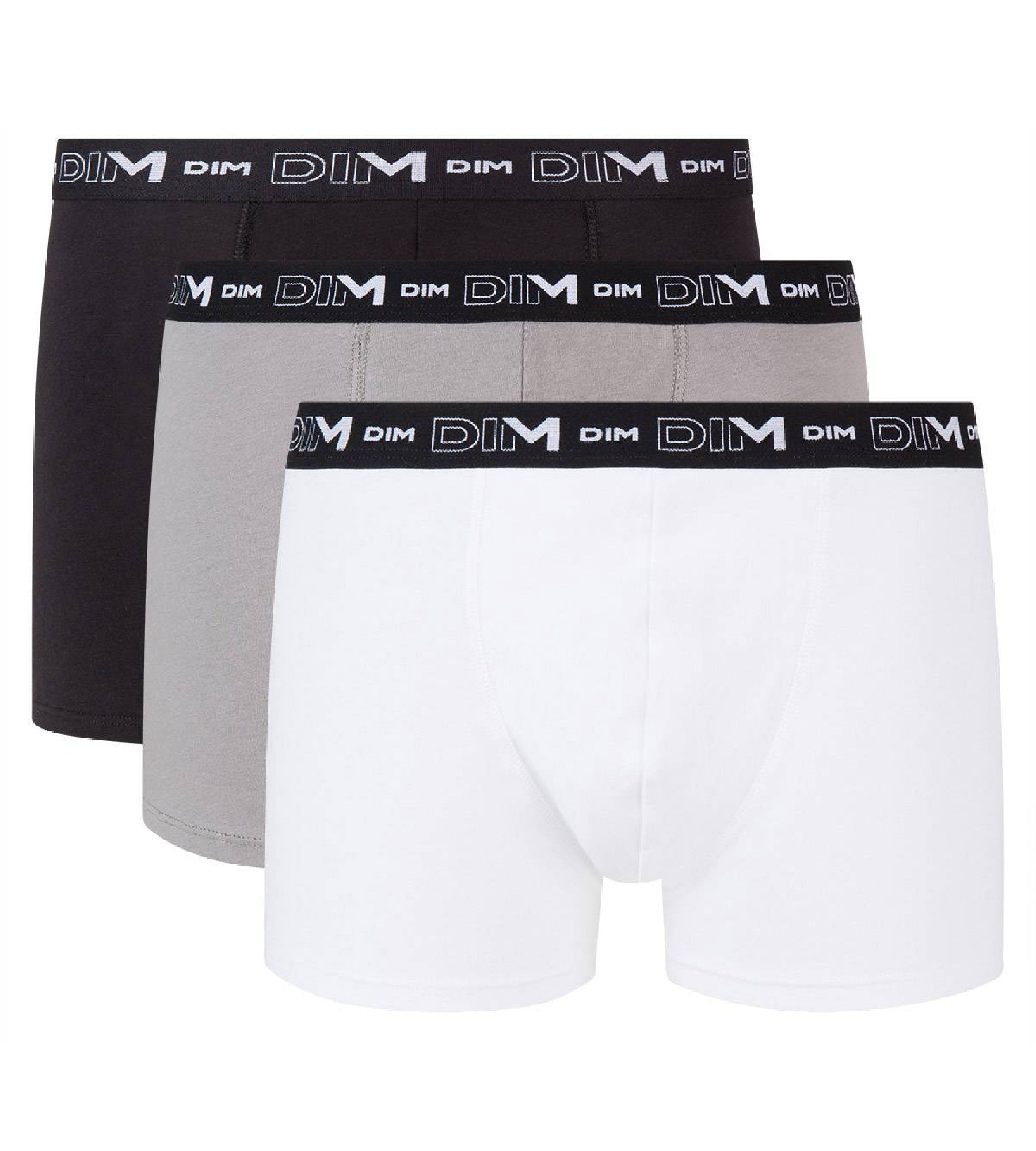 DIM Pacco da 3 boxer da Uomo in cotone elasticizzato nero, grigio e bianco