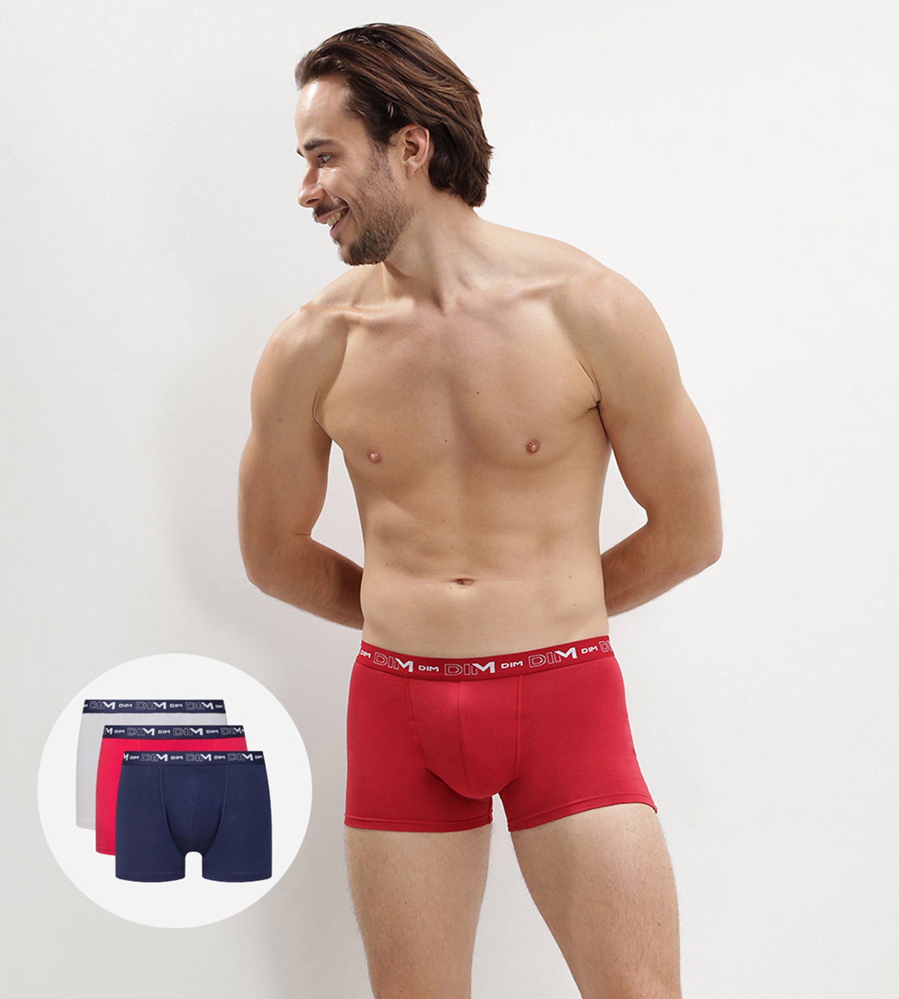 DIM Pacco da 3 boxer da uomo blu denim con fascia in vita rosso topazio acciaio in cotone elasticizzato