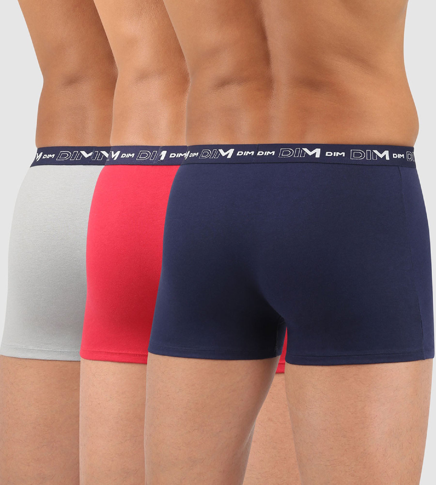 DIM Pacco da 3 boxer da uomo blu denim con fascia in vita rosso topazio acciaio in cotone elasticizzato
