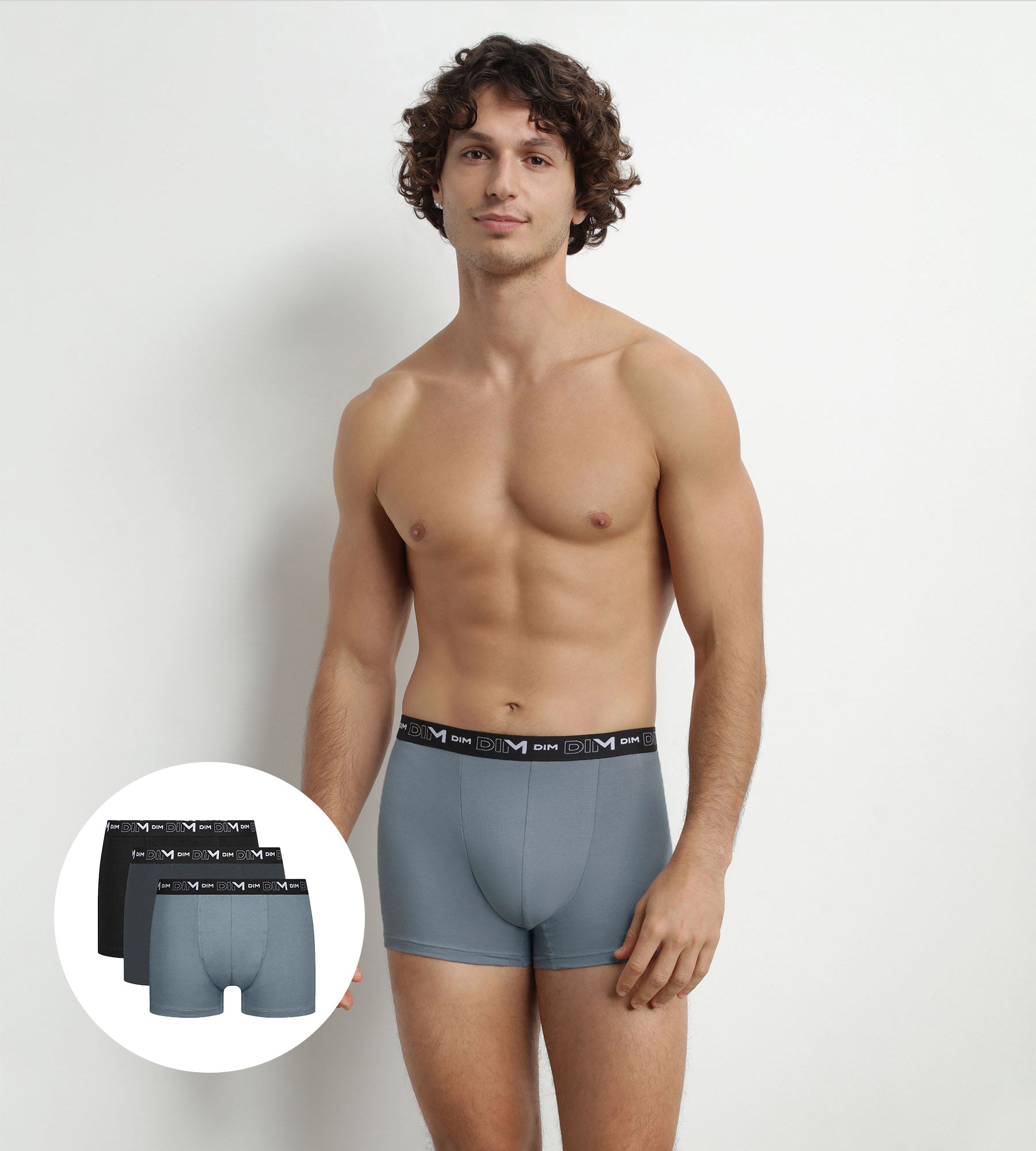 DIM Pacco da 3 boxer Uomo Nero Grigio con vita a contrasto Dim Coton Stretch