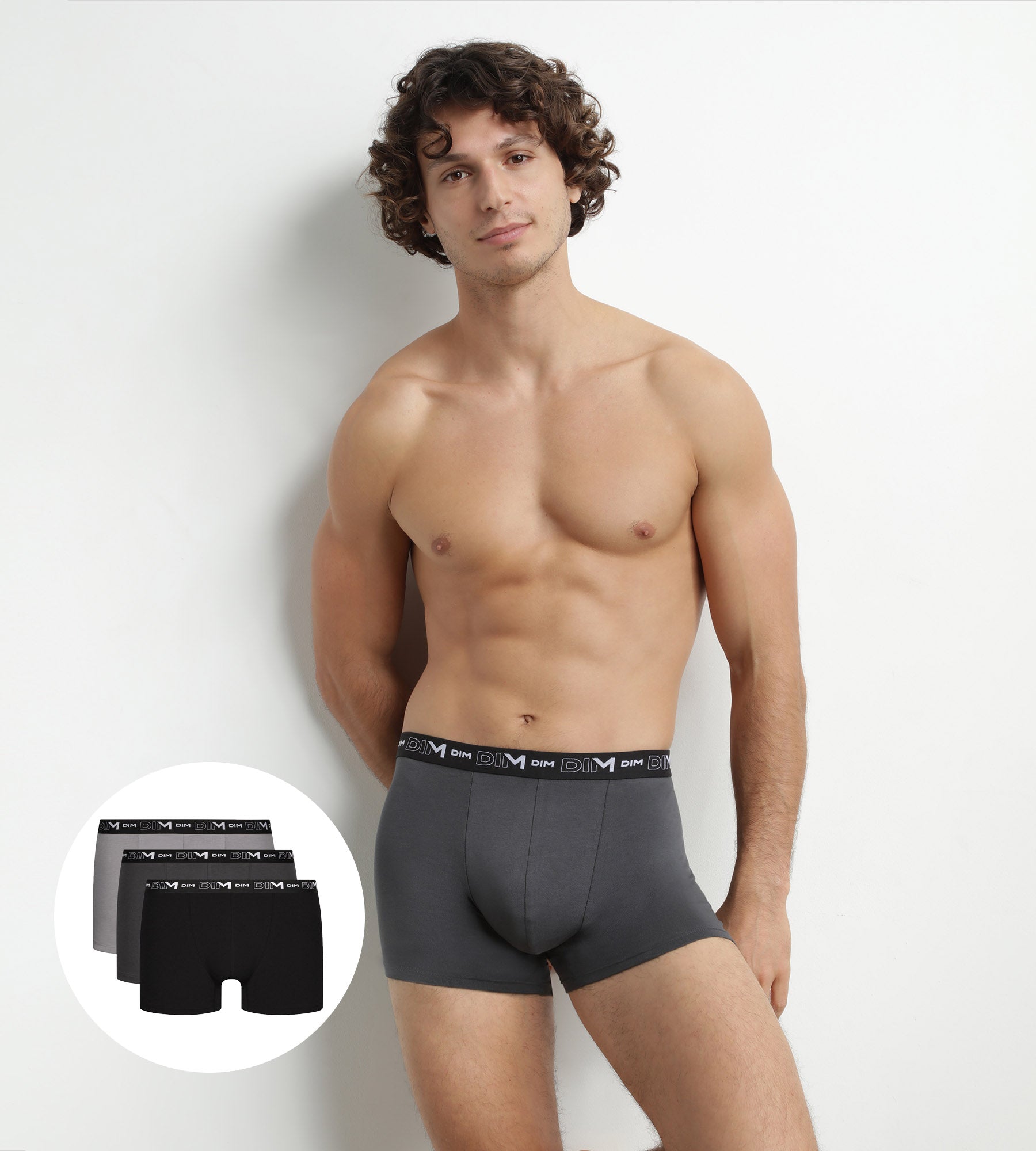 DIM Pacco da 3 boxer Uomo Nero Grigio Cotone Dim Coton Stretch