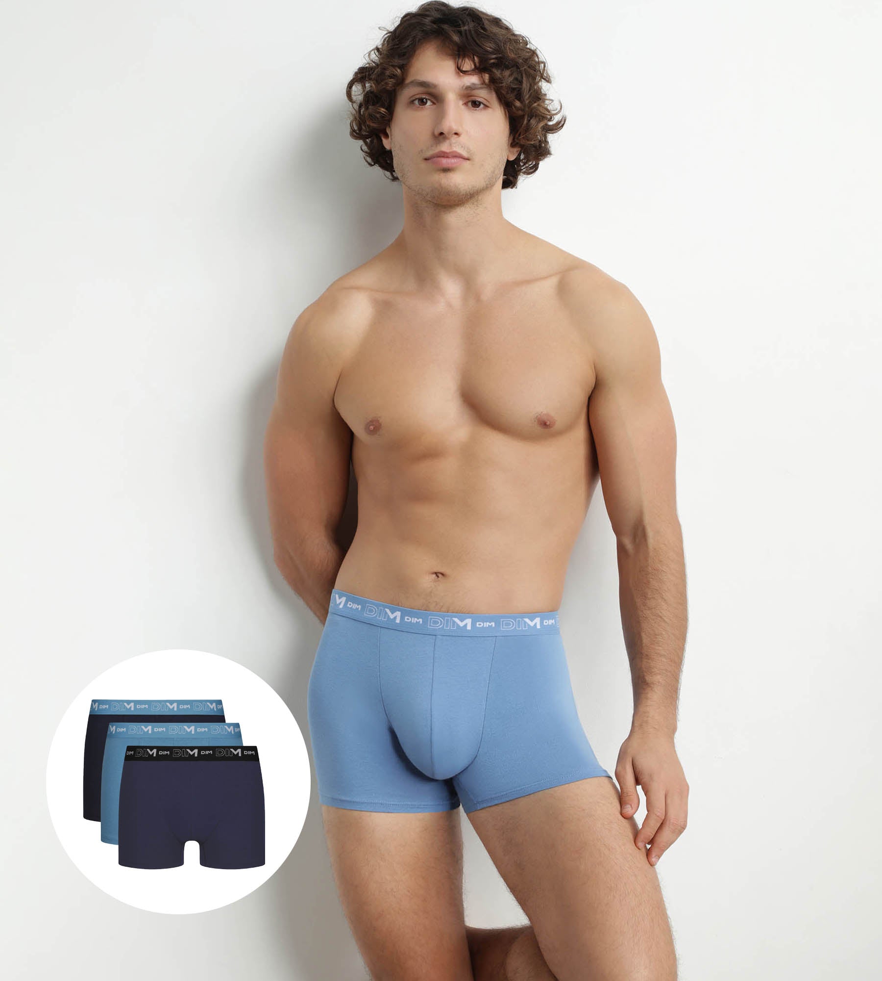 DIM Pacco da 3 boxer da uomo in cotone elasticizzato Blu Riviera Denim Nero Dim