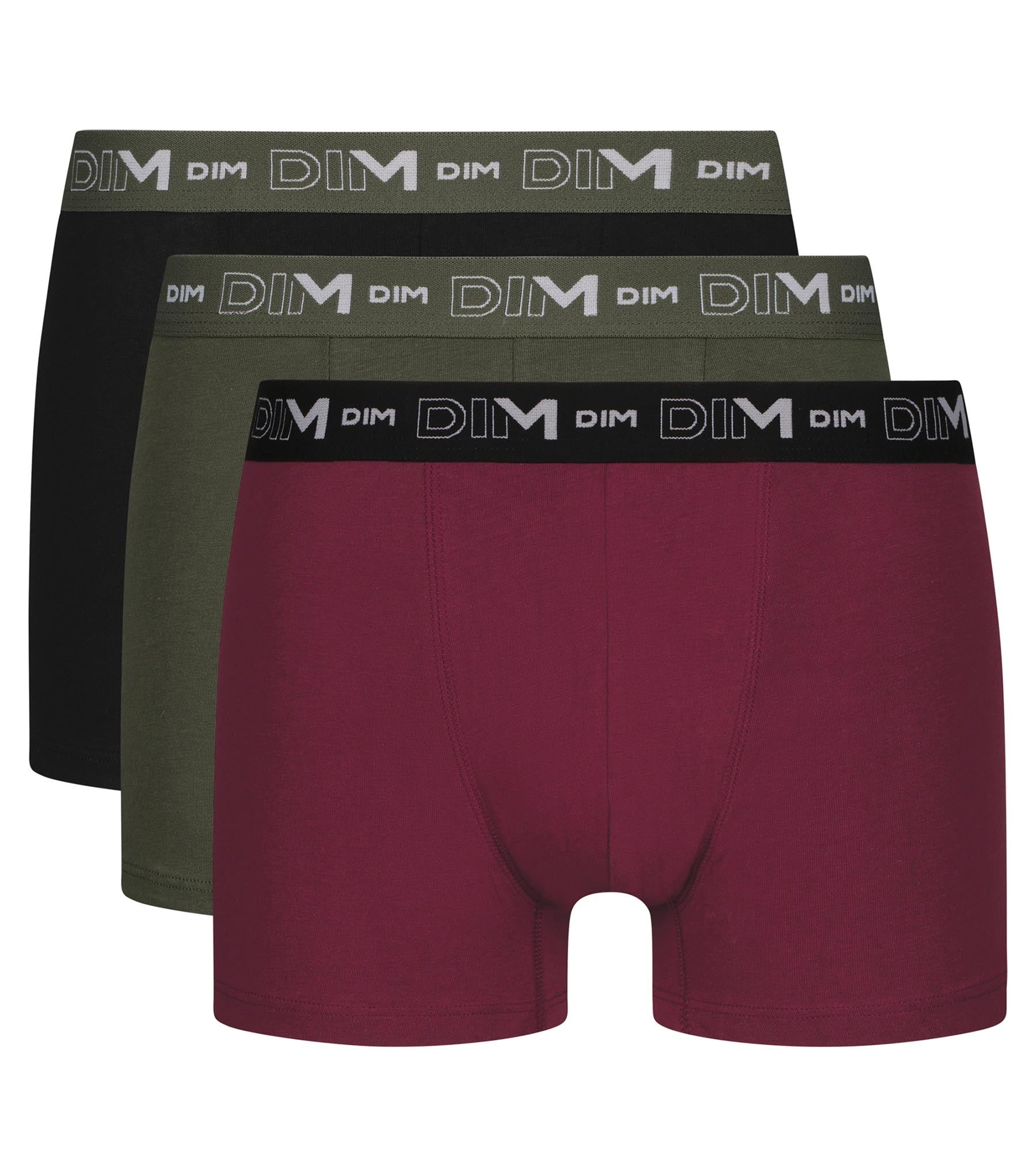 DIM Uomo Nero Khaki Rosso Pacco da 3 Boxer Dim Cotone Stretch