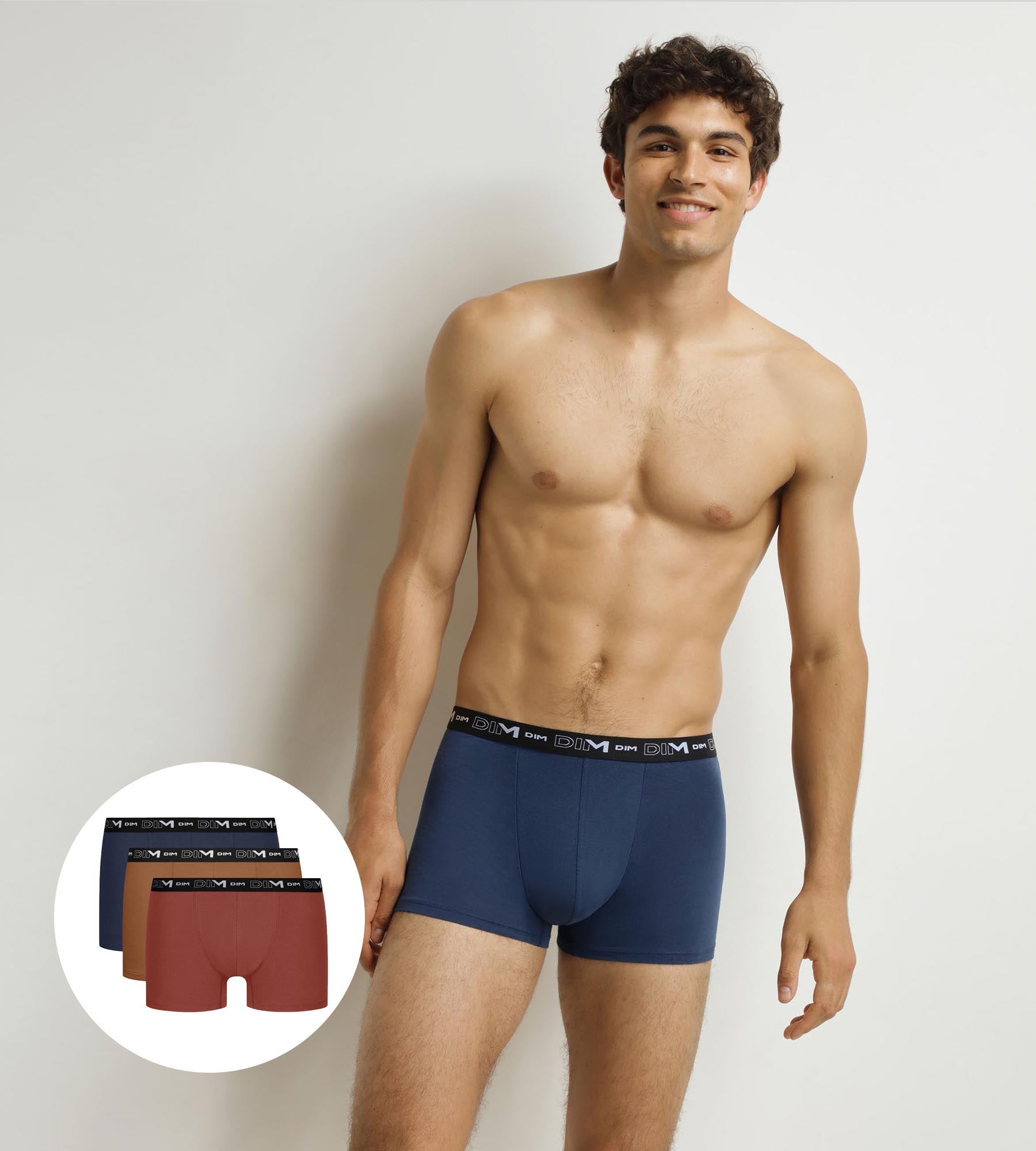 DIM Pacco da 3 boxer da uomo in cotone elasticizzato color corallo ocra/notturno