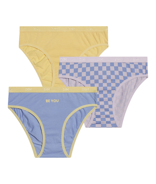 DIM Pacco da 3 slip in cotone giallo elasticizzato a scacchiera per bambine