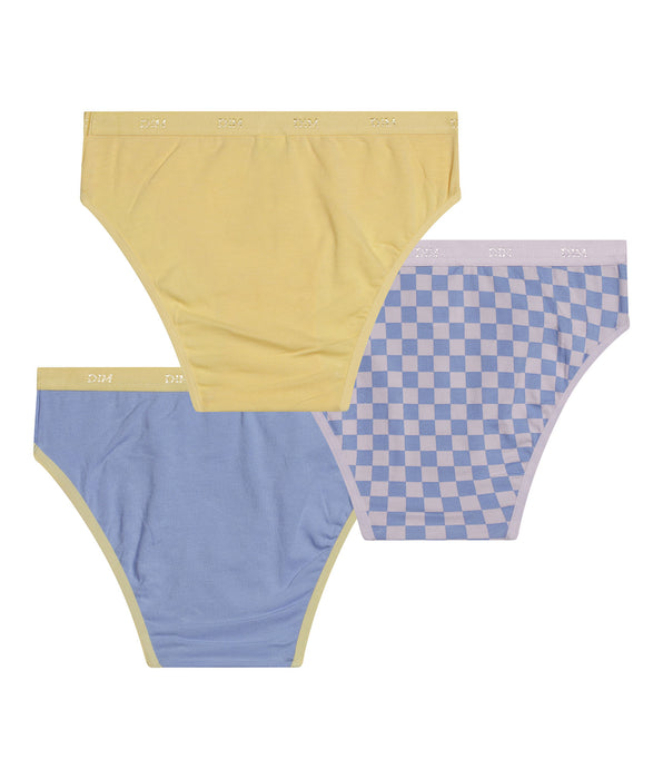 DIM Pacco da 3 slip in cotone giallo elasticizzato a scacchiera per bambine