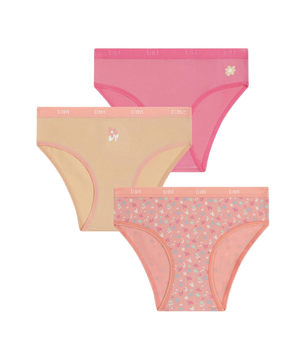 DIM Pacco da 3 slip da bambina in cotone elasticizzato con fiori color pesca Les Pockets