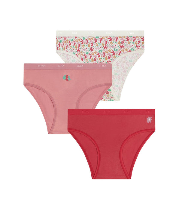 DIM Pacco da 3 slip da bambina in cotone elasticizzato con fiori rossi Les Pockets