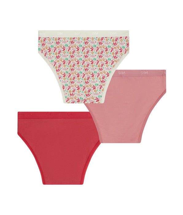 DIM Pacco da 3 slip da bambina in cotone elasticizzato con fiori rossi Les Pockets