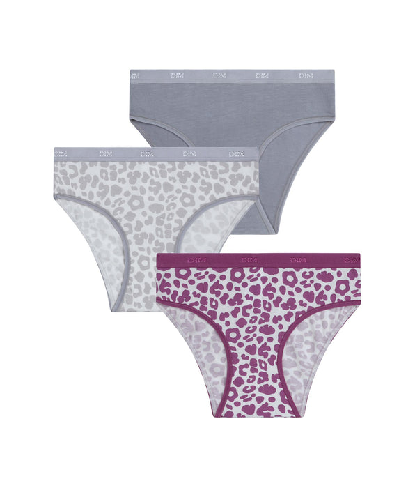 DIM Pacco da 3 slip da bambina in cotone elasticizzato Léo grigio viola Les Pockets