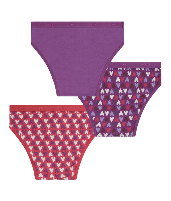 DIM Pacco da 3 slip da bambina in cotone elasticizzato viola e rosso con cuori Les Pockets