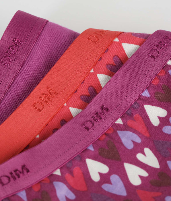 DIM Pacco da 3 slip da bambina in cotone elasticizzato viola e rosso con cuori Les Pockets