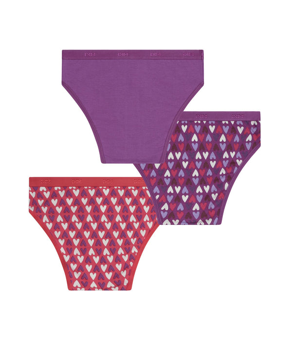 DIM Pacco da 3 slip da bambina in cotone elasticizzato viola e rosso con cuori Les Pockets
