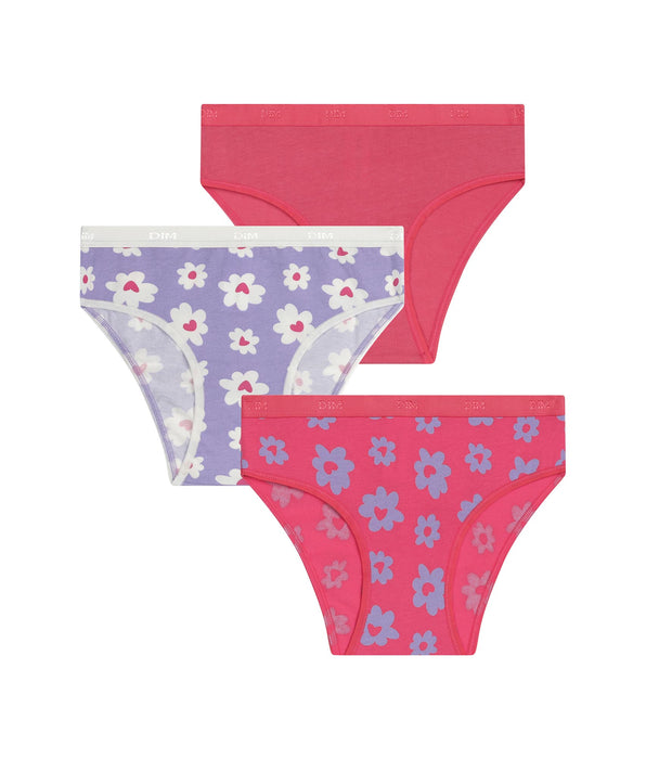 DIM Pacco da 3 slip da bambina in cotone elasticizzato viola rosa a fiori Les Pockets