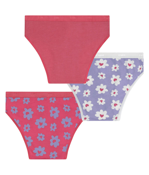 DIM Pacco da 3 slip da bambina in cotone elasticizzato viola rosa a fiori Les Pockets