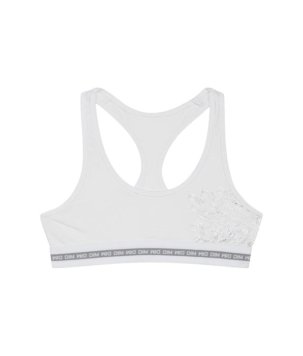 DIM Reggiseno sportivo da bambina in cotone elasticizzato bianco con stampa argento Dim Sport