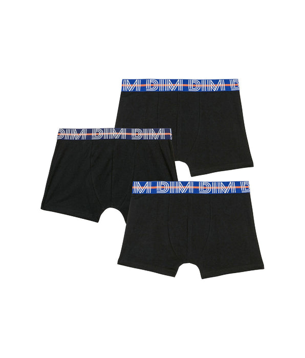 DIM Pacco da 3 boxer bambino in cotone elasticizzato con vita a contrasto, Nero Ecodim