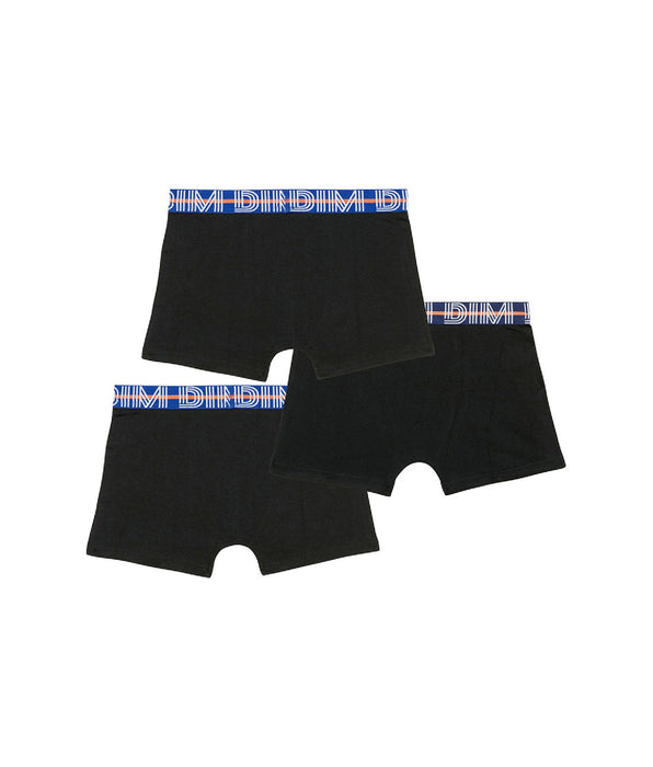 DIM Pacco da 3 boxer bambino in cotone elasticizzato con vita a contrasto, Nero Ecodim