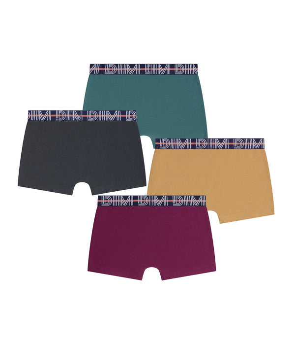 DIM Pacco da 4 boxer da ragazzo Bordeaux Giallo Ebano Verde Cotone elasticizzato Kids