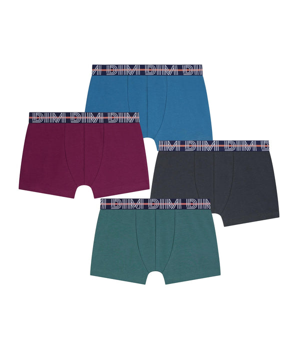 DIM Pacco da 4 boxer da ragazzo Verde Ebano Bordeaux Blu Cotone Stretch Kids