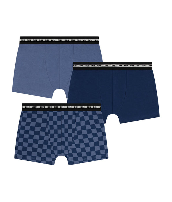 DIM Pacco da 3 boxer per bambini a scacchi blu Dim Coton Stretch