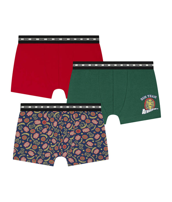 DIM Pacco da 3 boxer per bambini Rosso Verde con logo Dim in cotone elasticizzato