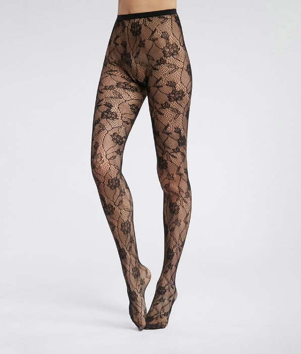 DIM Collant donna a rete e pizzo floreale Nero DIM