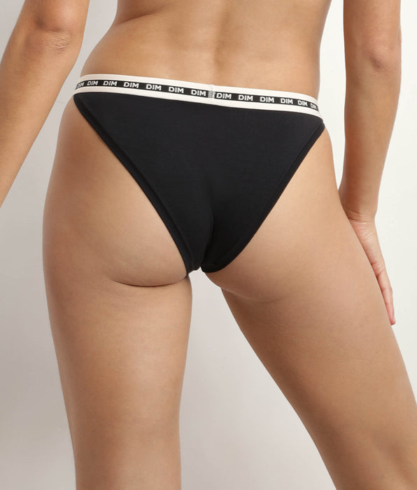 DIM Tanga in cotone modal nero con cintura beige DIM Icons Essentiel
