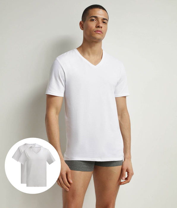 DIM Pacco da 2 T-shirt uomo in cotone bio con scollo a V, bianco DIM