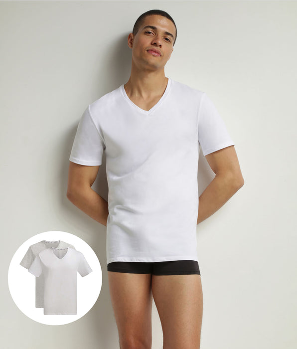 DIM Pacco da 2 T-shirt uomo grigio bianco in cotone bio con scollo a V Dim Good