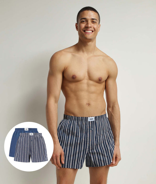 DIM Pacco da 2 boxer larghi da uomo in cotone bio a righe indaco Dim Good
